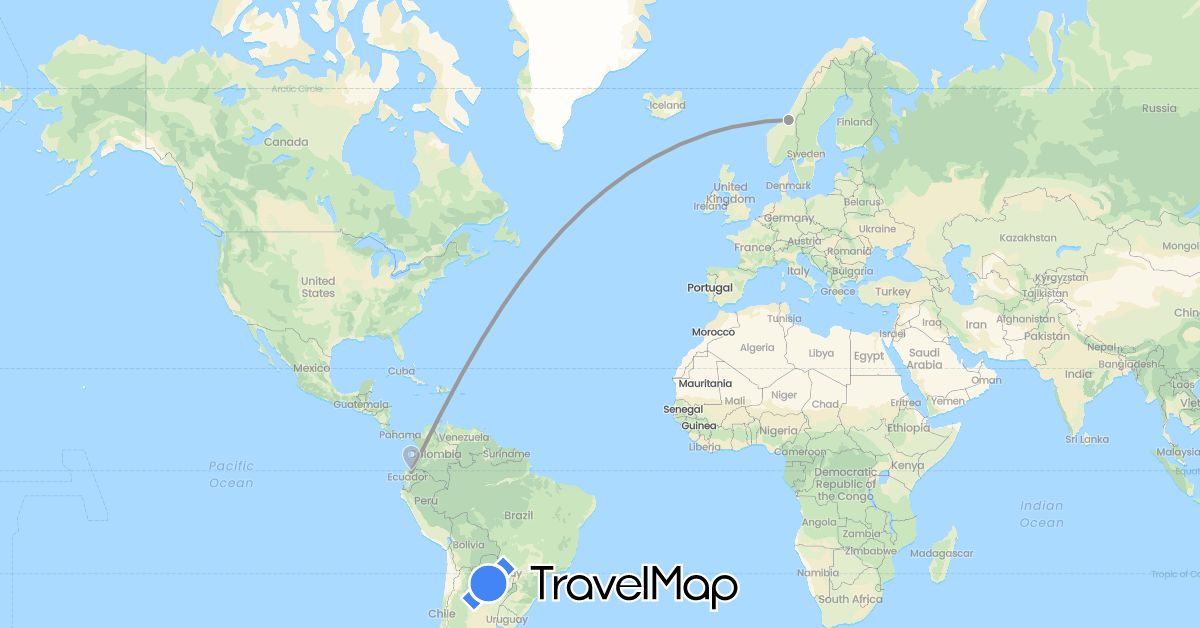 TravelMap itinerary: driving, plane in Ecuador, Norway (Europe, South America)
